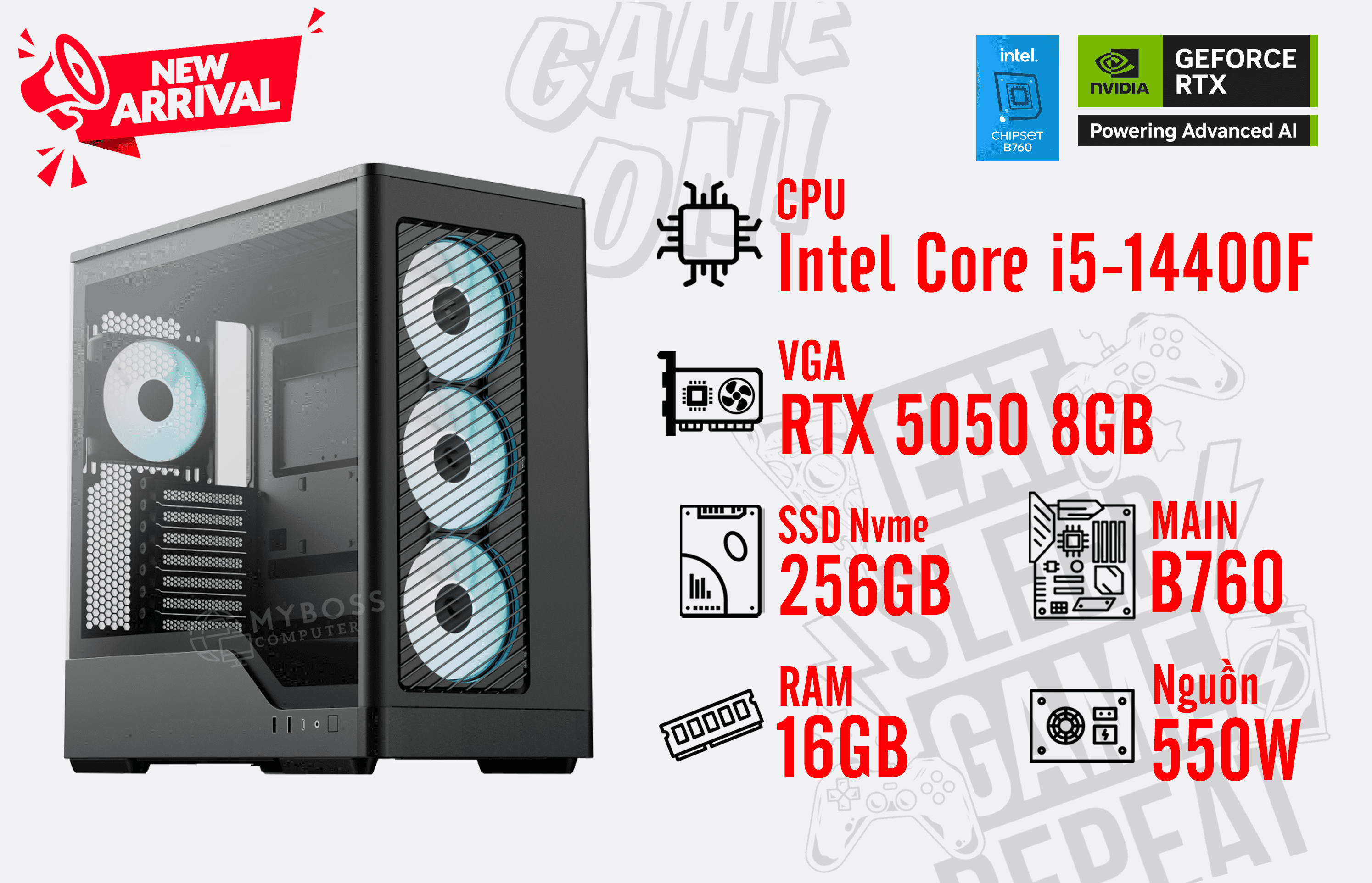 Bộ PC I5-14400F/ RAM 16GB/ SSD Nvme 256GB/ VGA RTX 5050 8GB