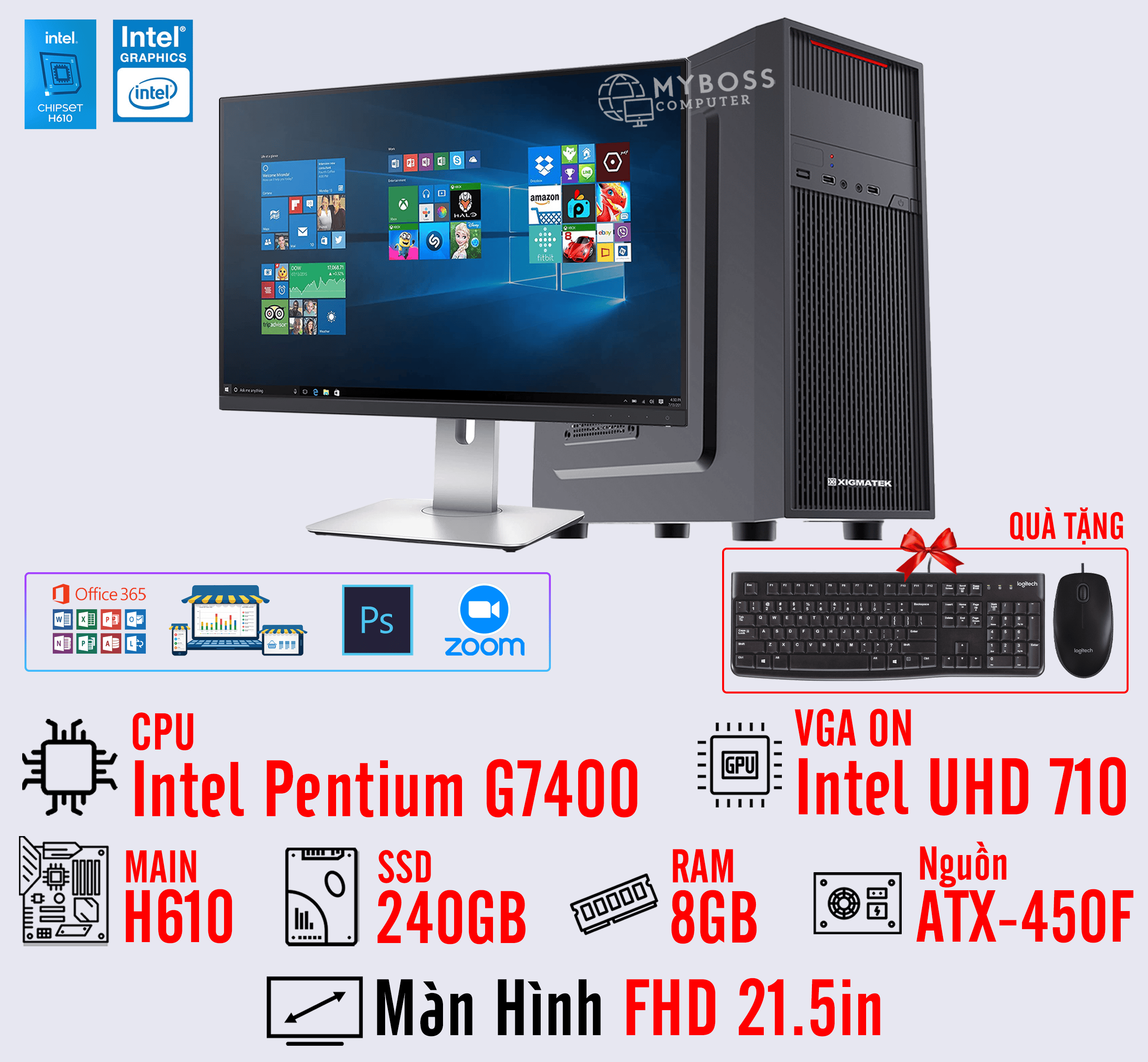BỘ PC OFFICE G7400 - RAM 8G - SSD 240G - VGA On UHD 710 - MÀN HÌNH 21.5in