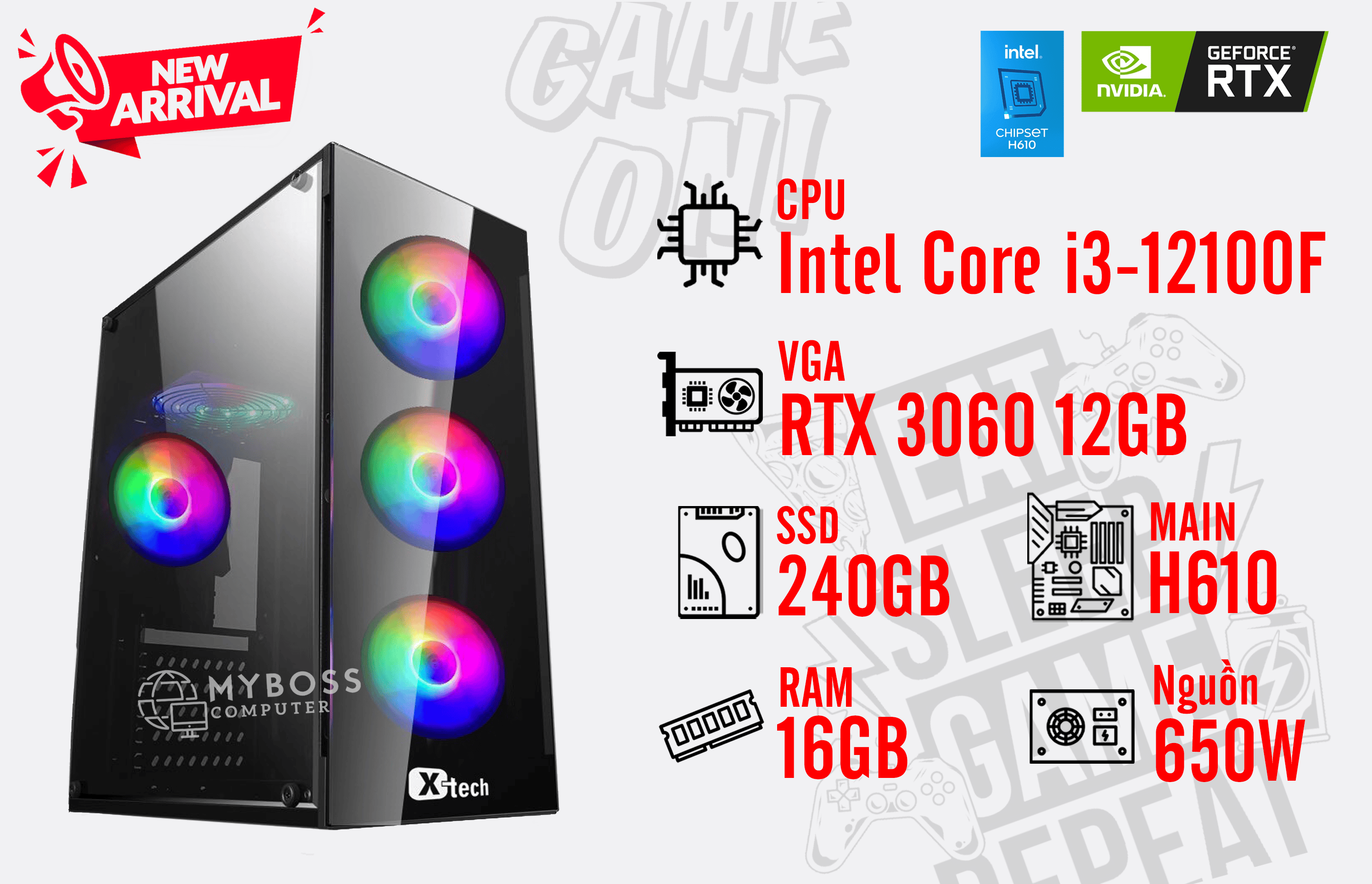 Bộ PC HULK I3-12100F/ RAM 16G/ SSD 240G/ VGA RTX 3060 12GB