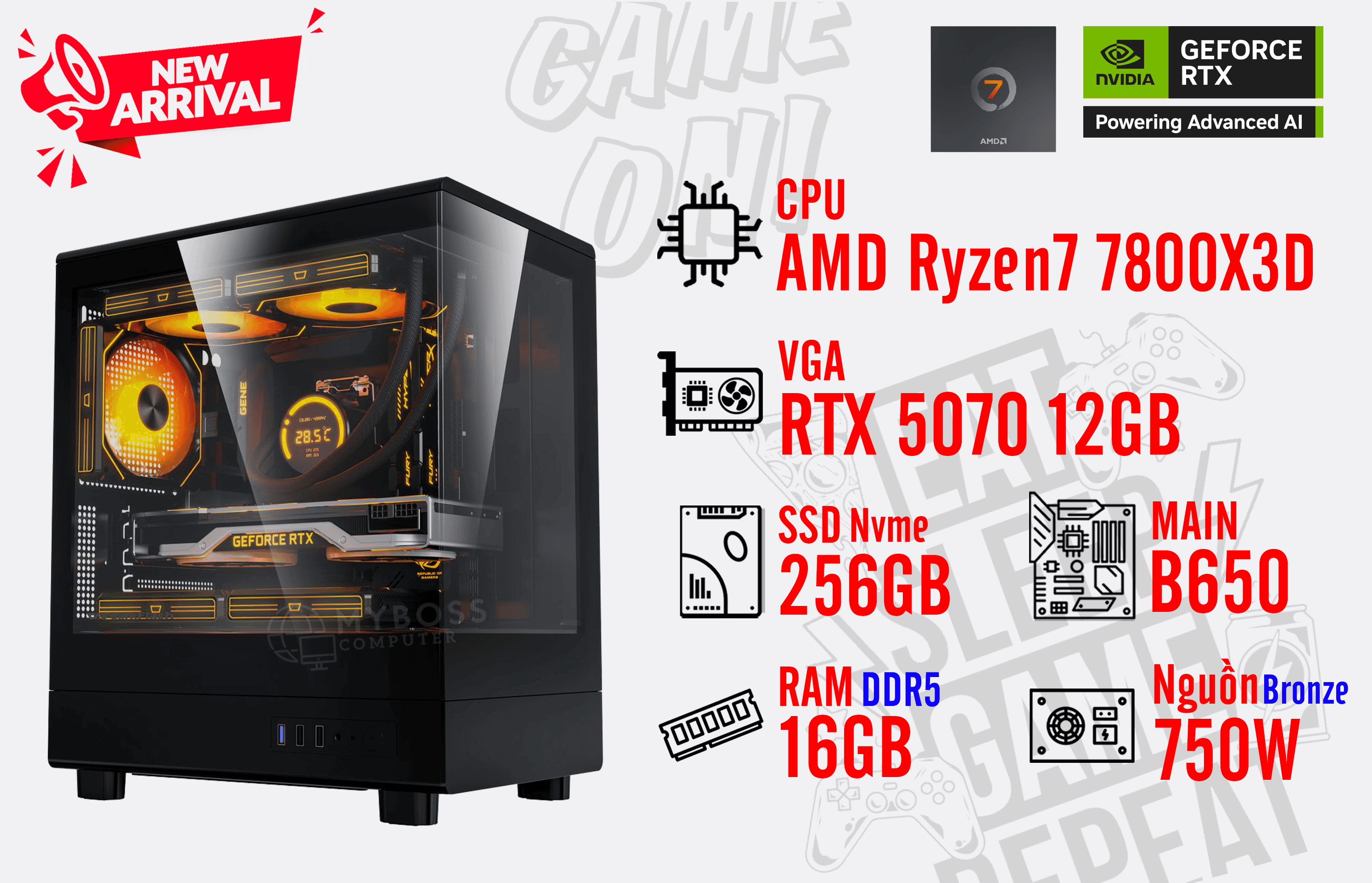 Bộ PC AMD Ryzen 7 7800X3D/ RAM 16G DDR5/ SSD Nvme 256G/ VGA RTX 5070 12GB