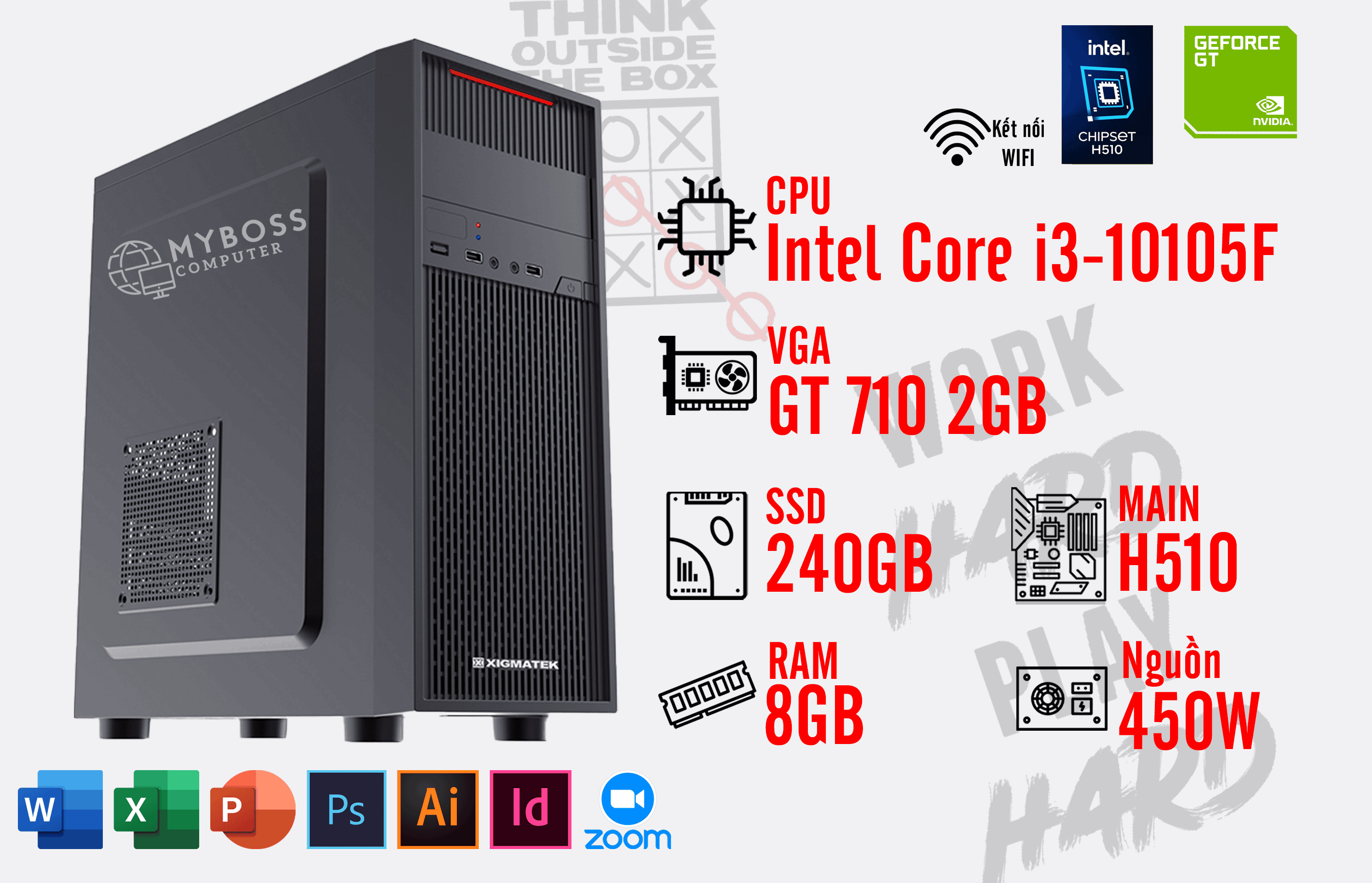 BỘ PC OFFICE I3-10105F - RAM 8G - SSD 240G - VGA GT 710 2G - Wifi
