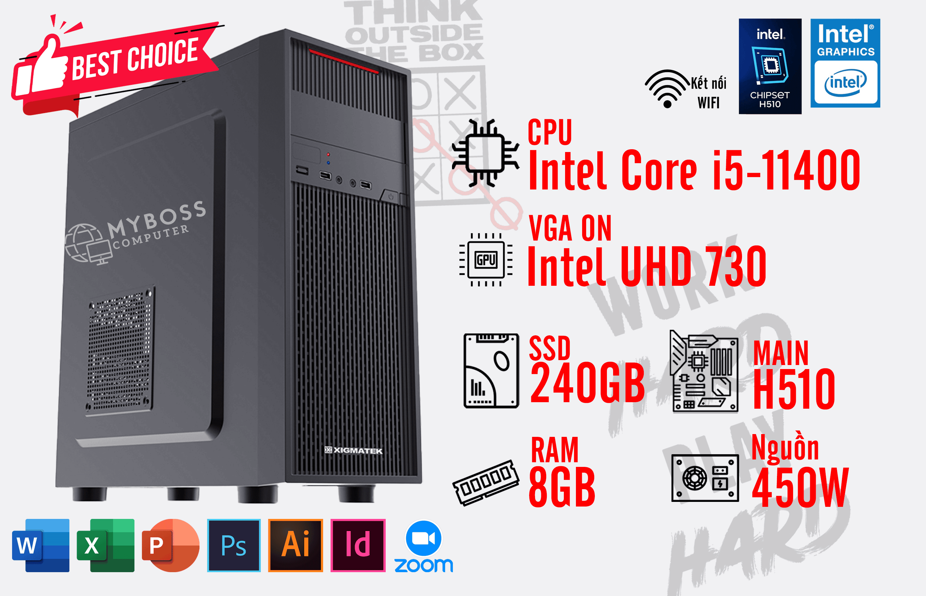 BỘ PC OFFICE I5-11400 - RAM 8G - SSD 240G - VGA On UHD 730- Wifi