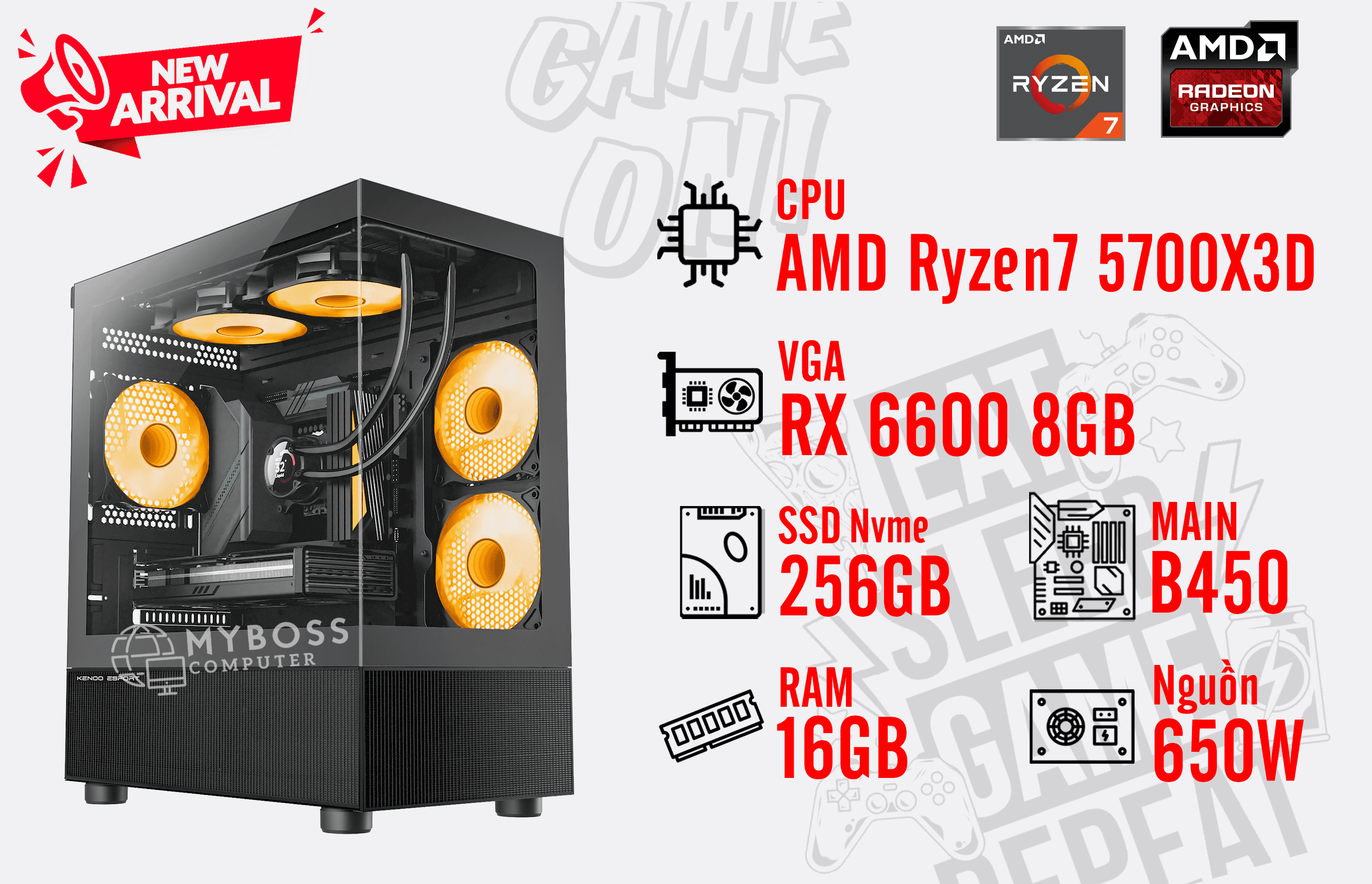 Bộ PC AMD Ryzen 7 5700X3D/ RAM 16G/ SSD Nvme 256G/ VGA RX 6600 8GB