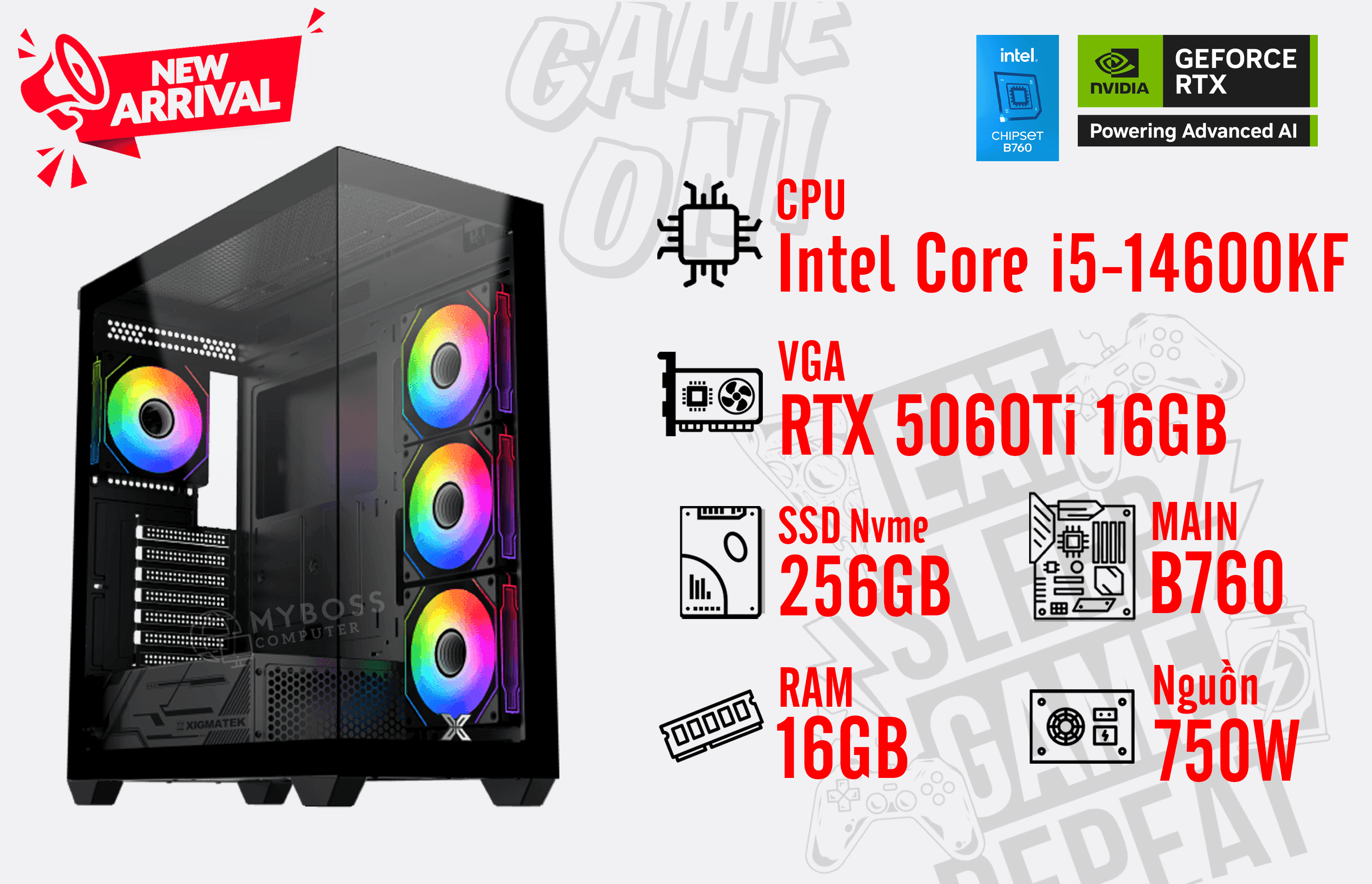 Bộ PC I5-14600KF/ RAM 16GB/ SSD Nvme 256GB/ VGA RTX 5060Ti 16GB