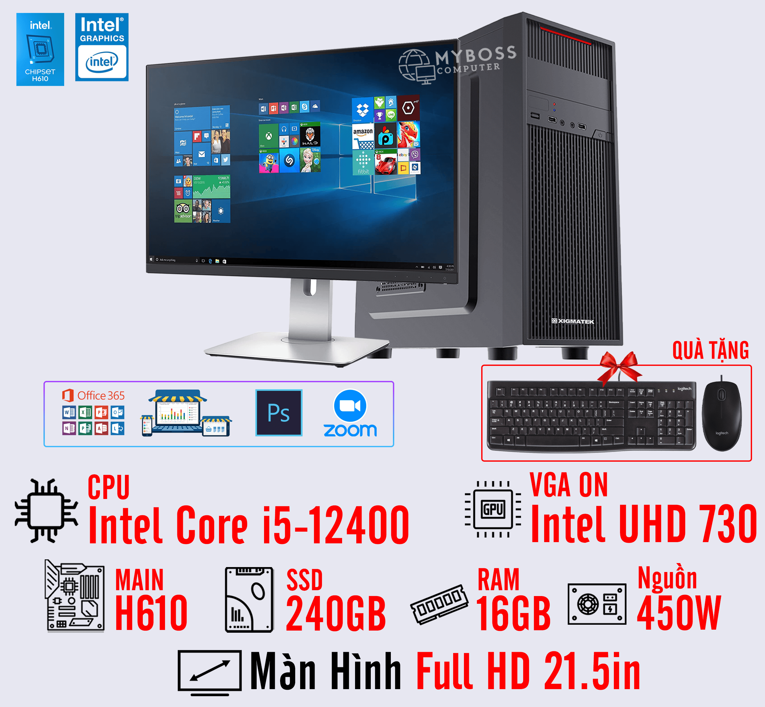 BỘ PC OFFICE I5-12400 - RAM 16G - SSD 240G - VGA On UHD 730 - MÀN HÌNH 21.5in