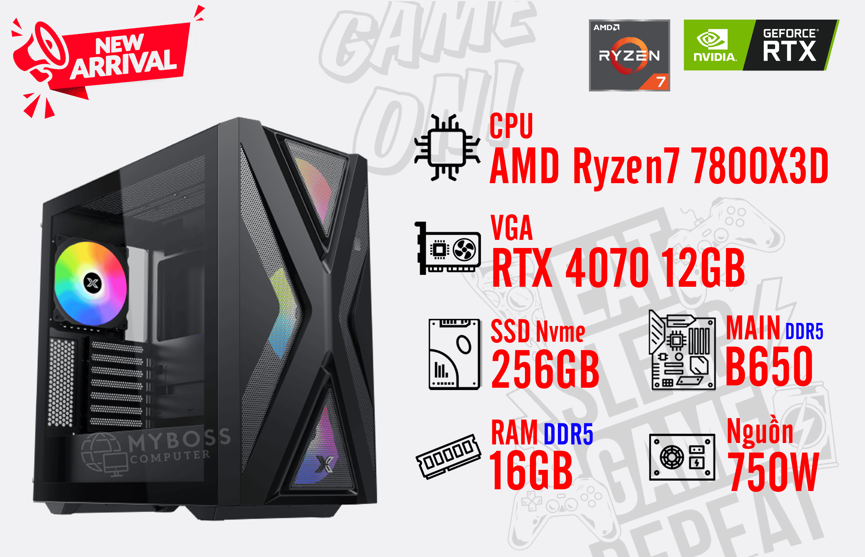Bộ PC AMD Ryzen7 7800X3D/ Ram 16G DDR5/ SSD Nvme 256G/ VGA RTX 4070 12GB