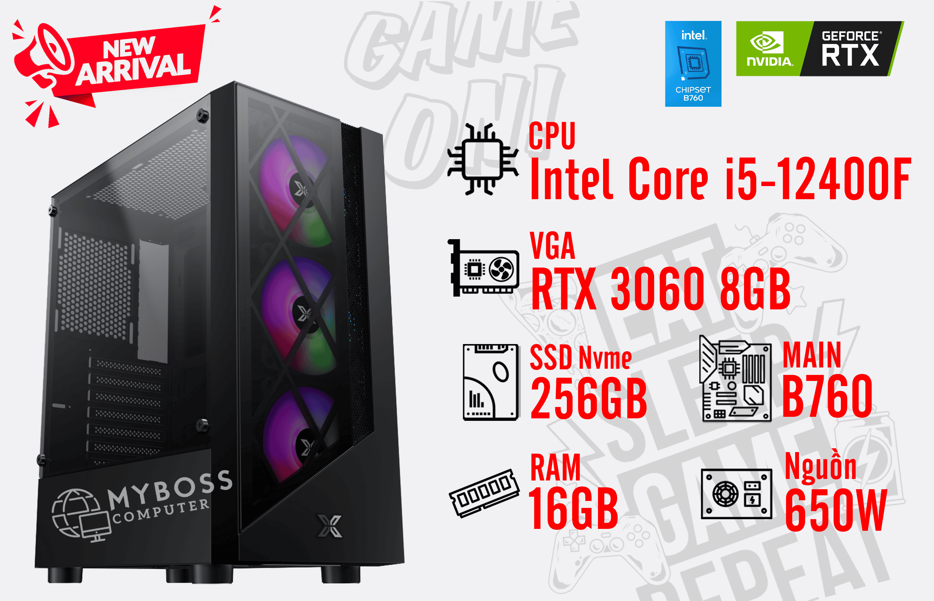 Bộ PC I5-12400F/ Ram 16G/ SSD Nvme 256G/ VGA RTX 3060 8GB