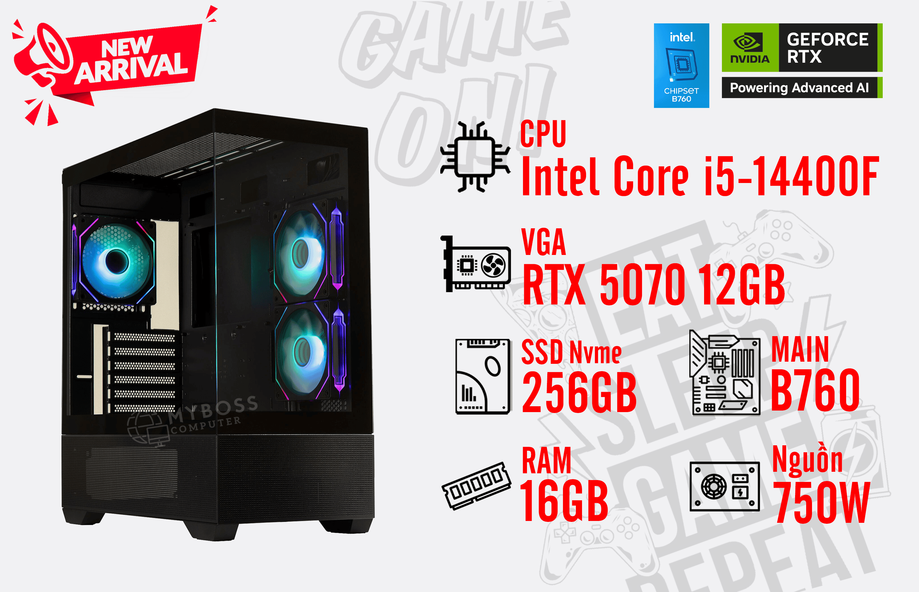 Bộ PC I5-14400F/ RAM 16GB/ SSD Nvme 256GB/ VGA RTX 5070 12GB