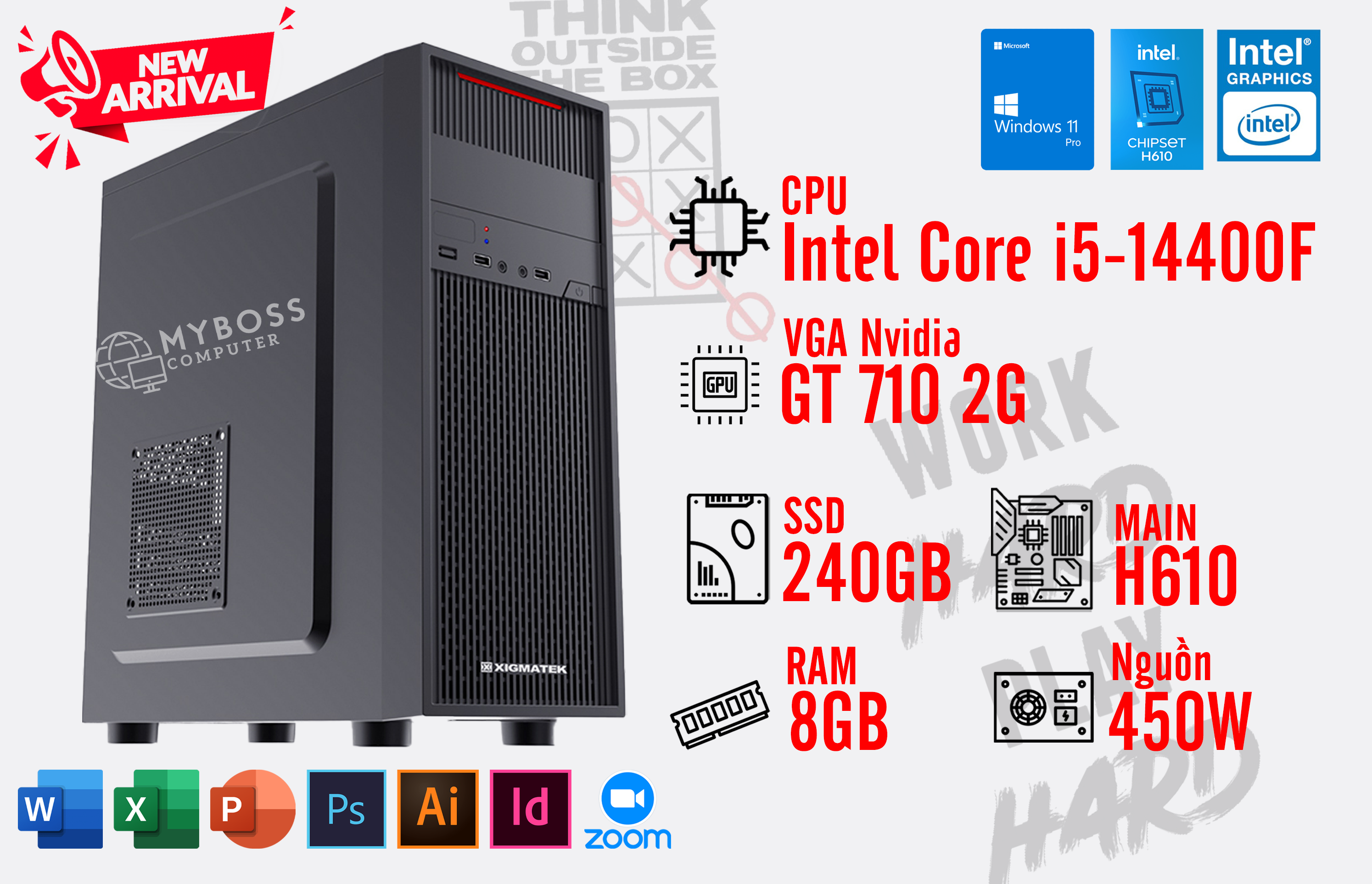 BỘ PC OFFICE I5-14400F -RAM 8G -SSD 240G -VGA GT 710 2G -Wifi- Win 11 bản quyền