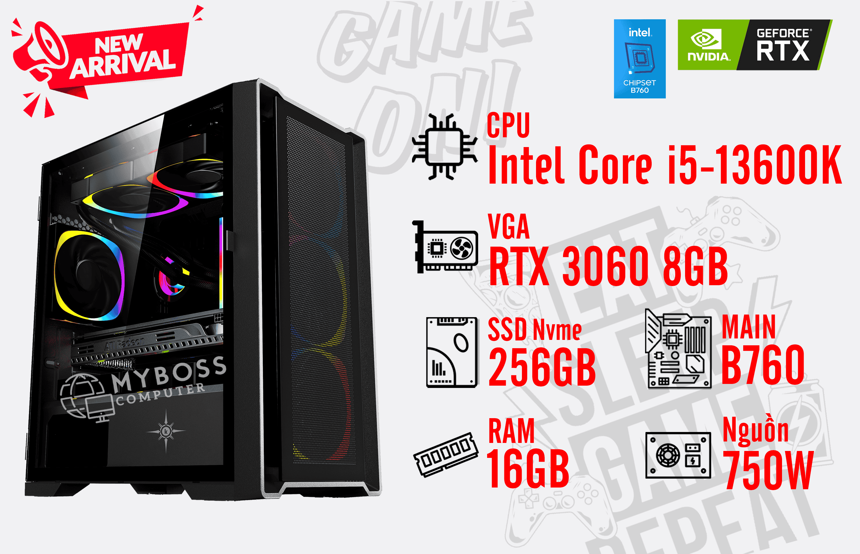 Bộ PC I5-13600K/ Ram 16G/ SSD Nvme 256G/ VGA RTX 3060 8GB