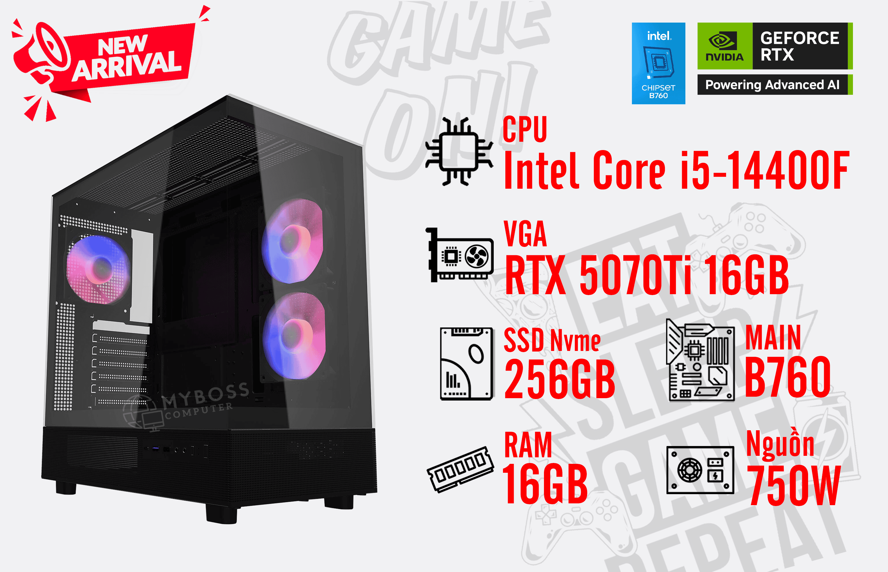 Bộ PC I5-14400F/ RAM 16G/ SSD Nvme 256G/ VGA RTX 5070Ti 16GB