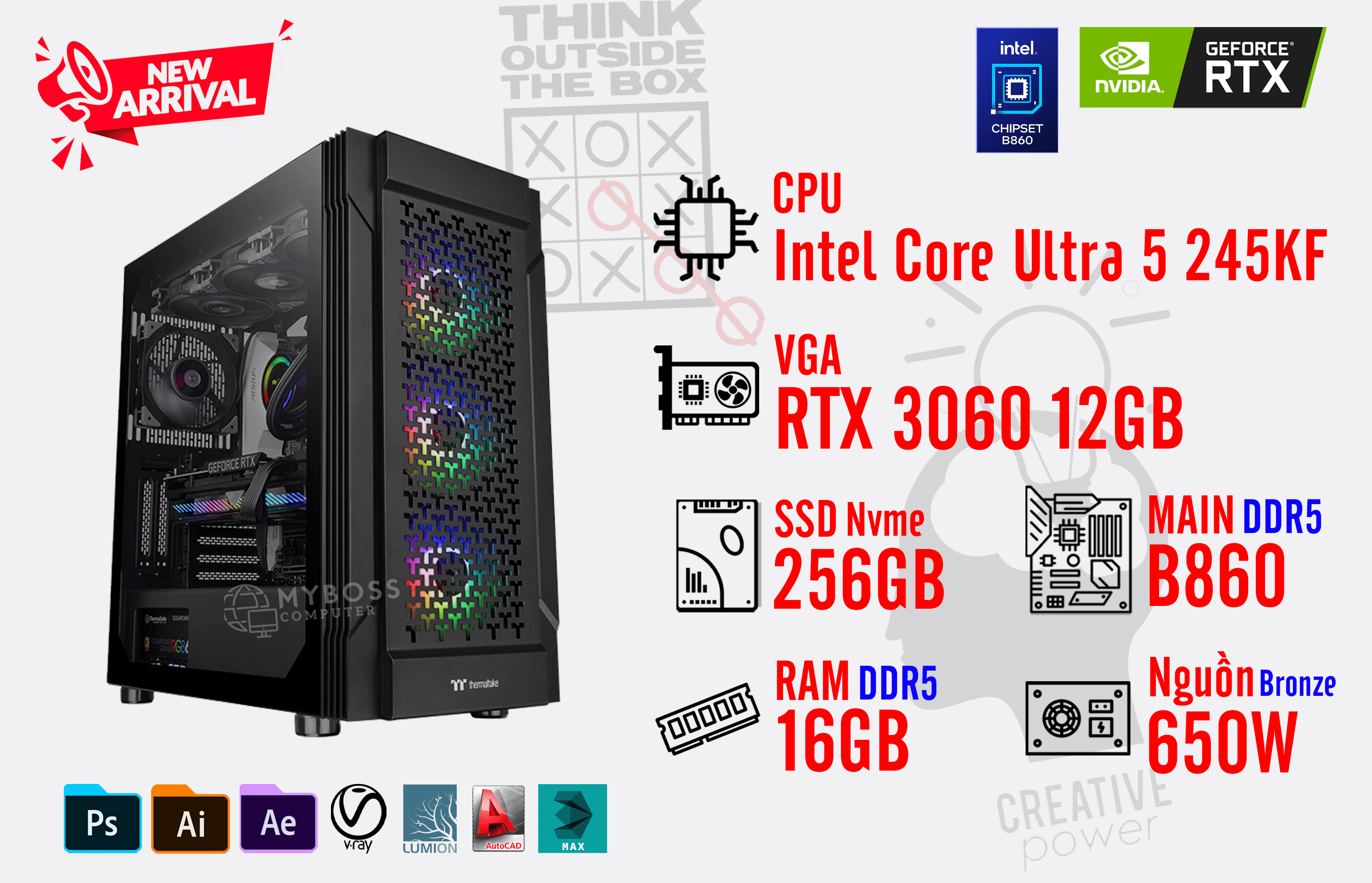 Bộ PC Core Ultra 5 245KF/ RAM 16GB DDR5/ SSD Nvme 256GB/ VGA RTX 3060 12GB