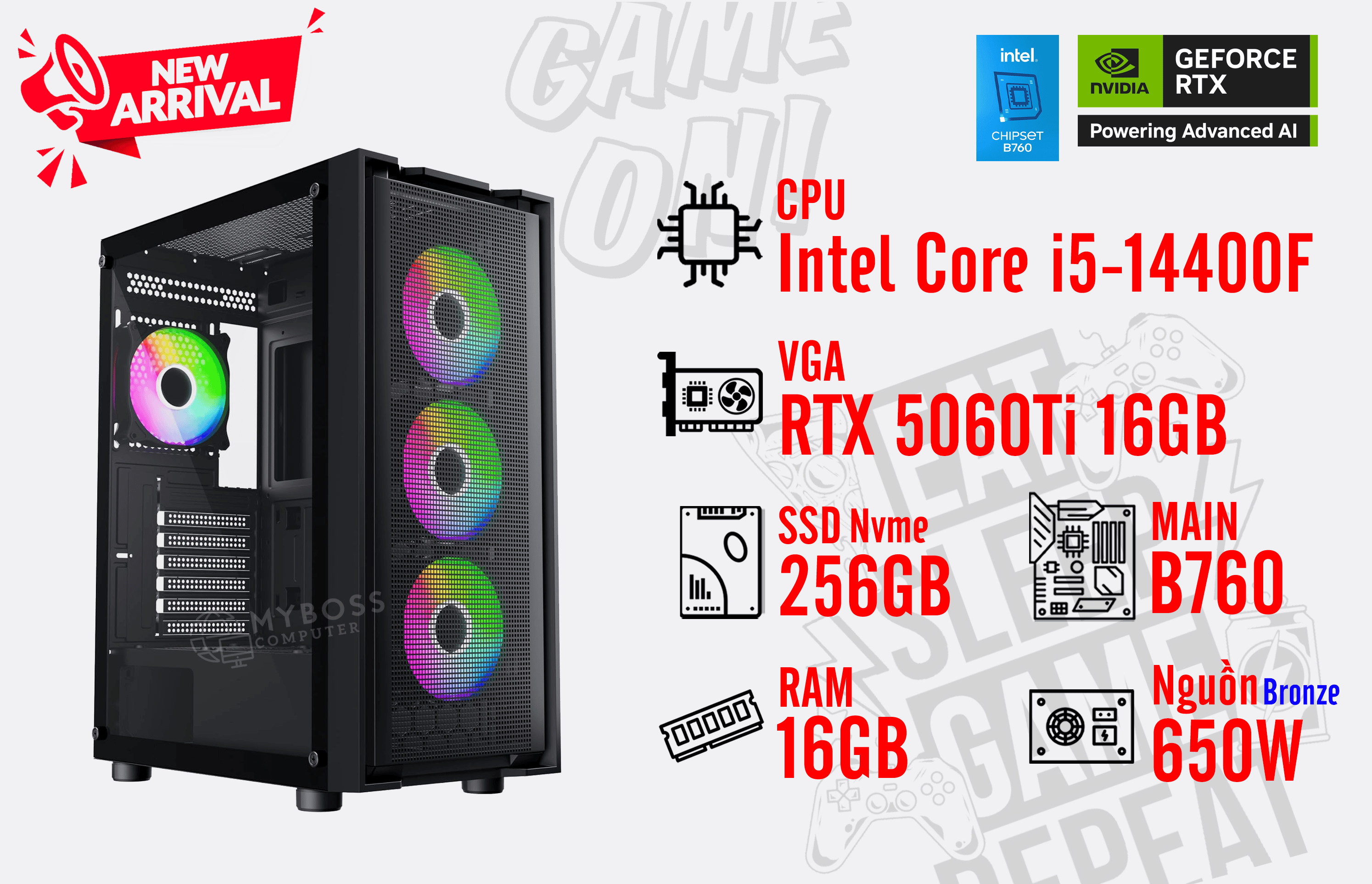 Bộ PC I5-14400F/ RAM 16GB/ SSD Nvme 256GB/ VGA RTX 5060Ti 16GB