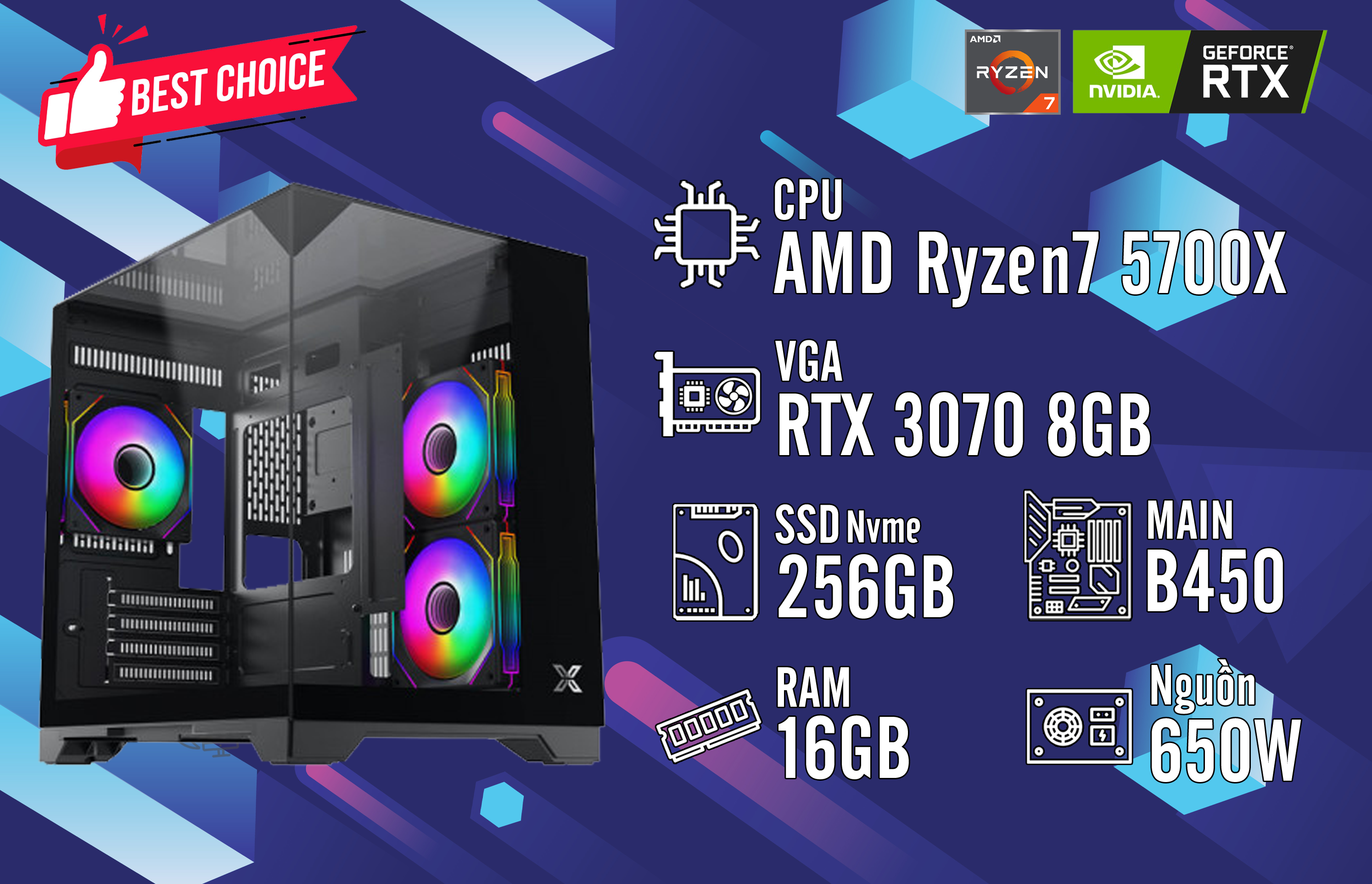 Bộ PC AMD Ryzen 7 5700X/ RAM 16GB/ SSD 256GB/ VGA RTX 3070 8GB