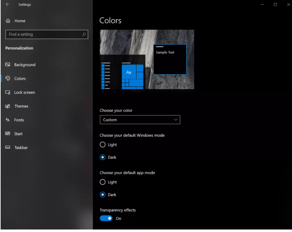 Bật chế độ giao diện tối trong Windows 10.